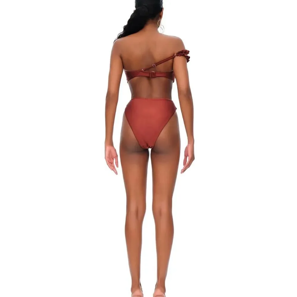 NWT Andrea lyamah 2 Piece LIVA Bikini in Chocolate Size Medium asymmetric ruffle